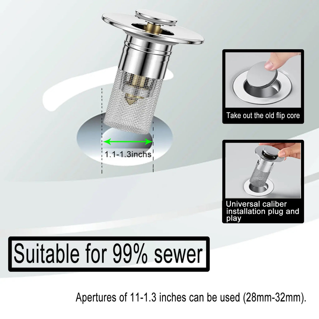 Bathroom Sink Drain Strainer - Pop-Up Filter with Removable Stainless Steel Hair Catcher & Drain Stopper for US Sink Replacement