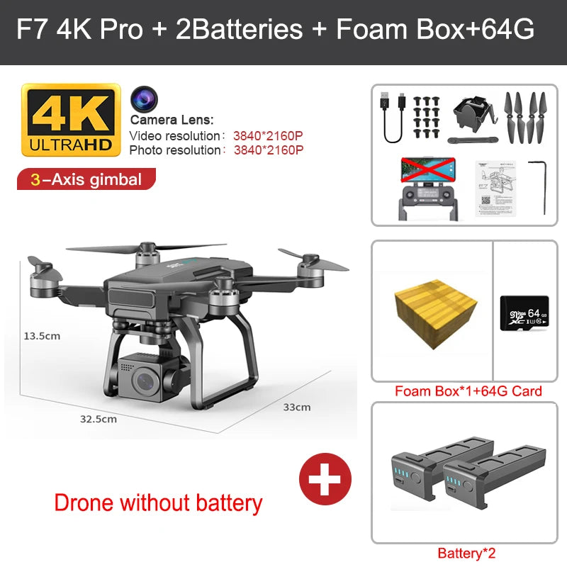 SJRC F7 PRO GPS Drone 4K Dual HD Camera 3-Axis Gimbal Professional Aerial Photography 3KM Brushless Quadcopter VS F11 4K Pro