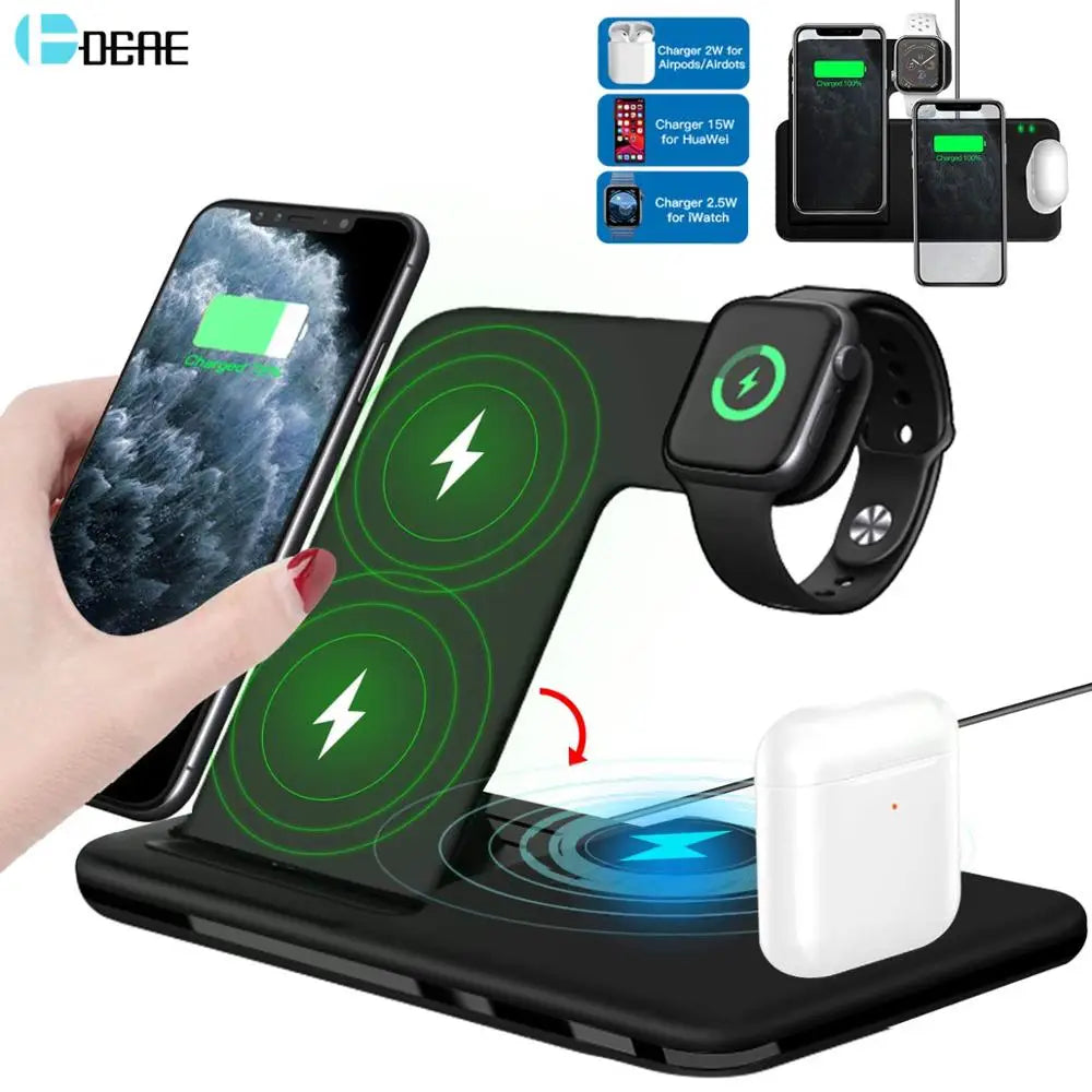 15W Fast Wireless Charger Stand For iPhone 15 14 13 12 11 8 Apple Watch 4 in 1 Foldable Charging Station for Airpods Pro iWatch