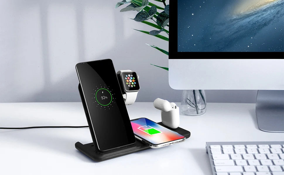 15W Fast Wireless Charger Stand For iPhone 15 14 13 12 11 8 Apple Watch 4 in 1 Foldable Charging Station for Airpods Pro iWatch