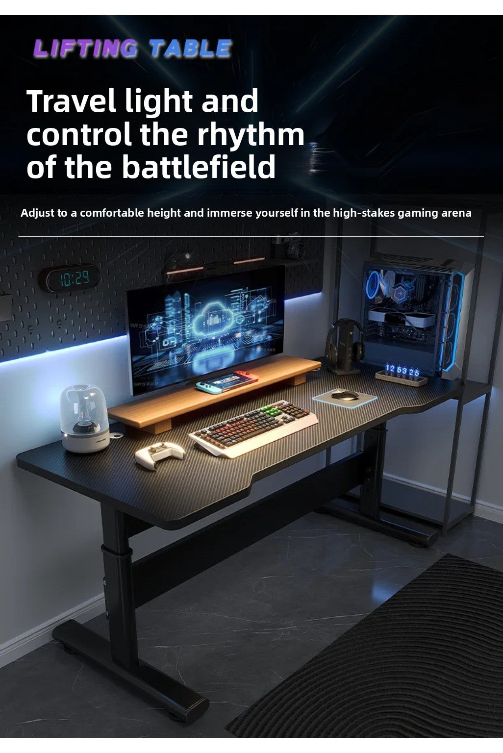 Height Adjustable Gaming Desk Electric Standing Computer Table Carbon Fiber Wide Desktop for Home Office E-sports Setup