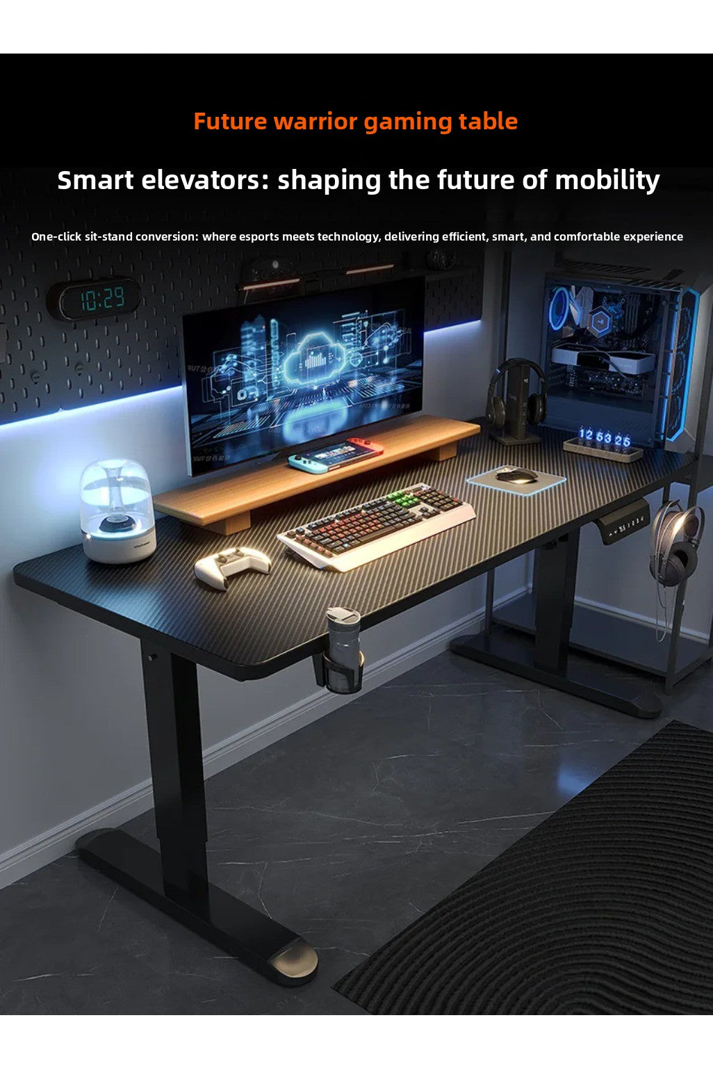 Height Adjustable Gaming Desk Electric Standing Computer Table Carbon Fiber Wide Desktop for Home Office E-sports Setup