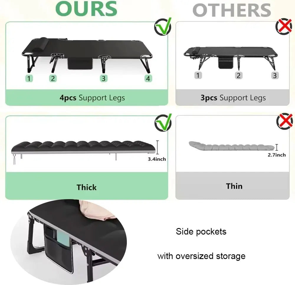 3 in 1 Folding Camping Cot Bed, 5 Positions Adjustable Patio Chaise Chair, Portable Sleeping Cots for Adults Large Size