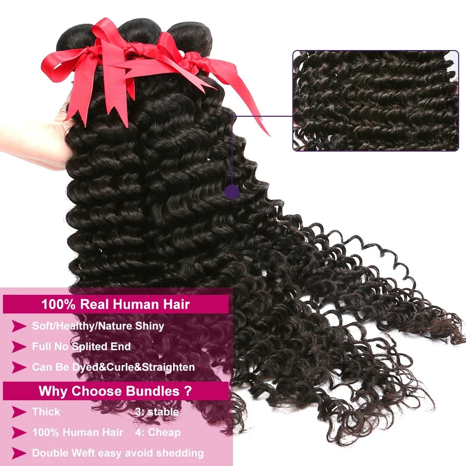 32 36 40 Inch Deep Wave Human Hair Bundles Brazilian Remy Unprocessed Weaving Curly Hair 1/2/3/4 Bundles Weave Extensions Deals