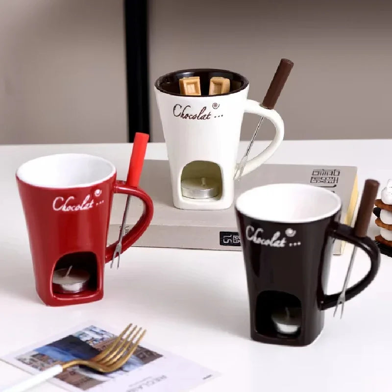 130ml Ceramic Chocolate Fondue Cup with Fork European Candle Heating Mug Creative Food Warmer for Cheese Coffee