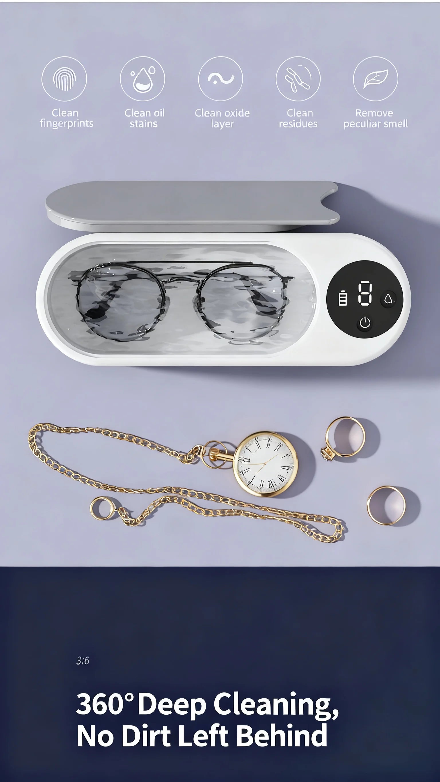 High Frequency Vibration Jewelry Cleaner 360° Automatic Deep Cleaning Tool Portable USB Rechargeable for Rings Watches Glasses