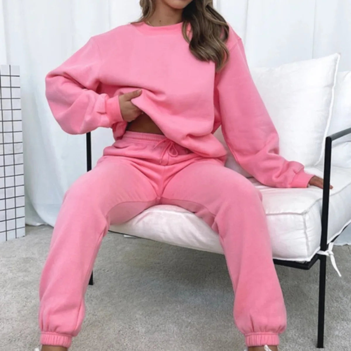 Осение Женские Костюмы Women's Winter Warm Suit Round Neck Solid Color Long Sleeve Pullover Sweatshirt Sweatpants Штаны Женские