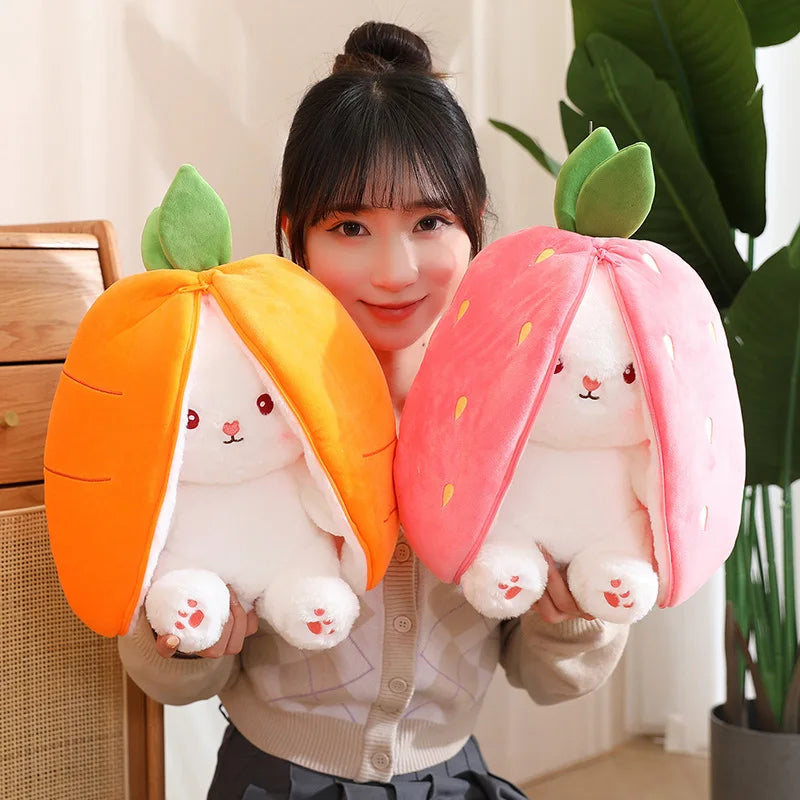 Kawaii Fruit Transfigured Bunny Plush Toy Cute Carrot Strawberry Turn Into Rabbit Plush Toy Kids Birthday Christmas Gift