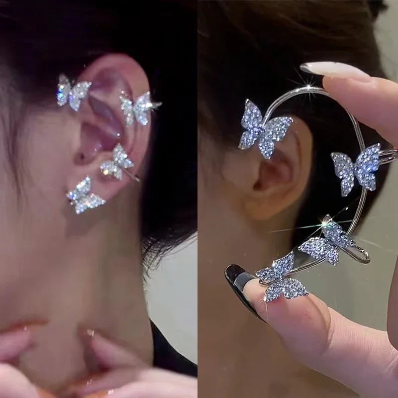 Gold Silver Color Metal Butterfly Ear Clips Without Piercing for Women Sparkling Zircon Ear Cuff Clip Earrings Wedding Jewelry
