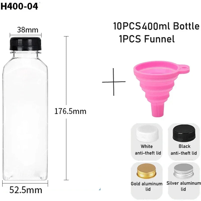 10pcs 60ML-500ML Clear Empty Plastic Juice Bottles with Caps Reusable Water Bottle Juicing Smoothie Containers W/ Funnel