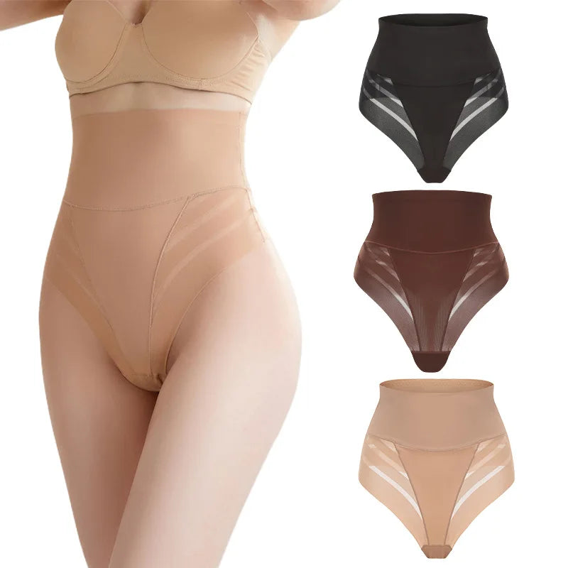 Women's High Waist Thong Style Shapewear Tummy Control Waist Trainer Hip Lift Body Shaping Pants Plus Size Striped Mesh Thong
