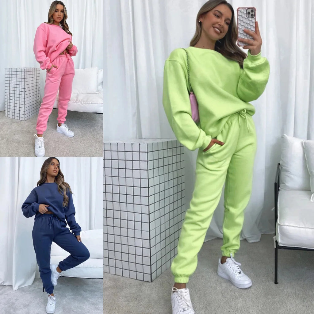 Осение Женские Костюмы Women's Winter Warm Suit Round Neck Solid Color Long Sleeve Pullover Sweatshirt Sweatpants Штаны Женские
