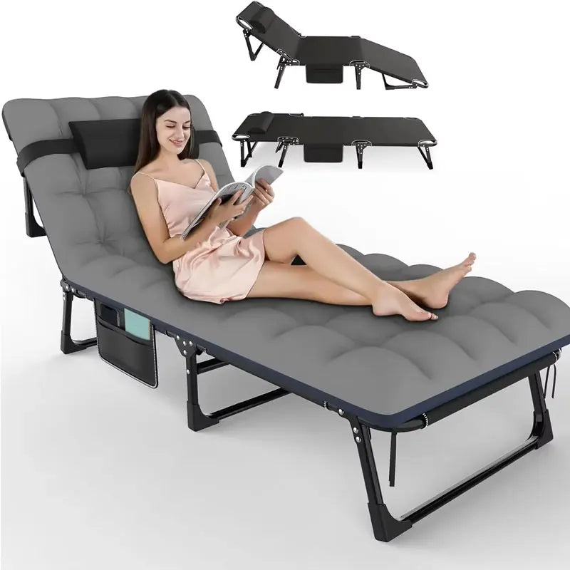 3 in 1 Folding Camping Cot Bed, 5 Positions Adjustable Patio Chaise Chair, Portable Sleeping Cots for Adults Large Size