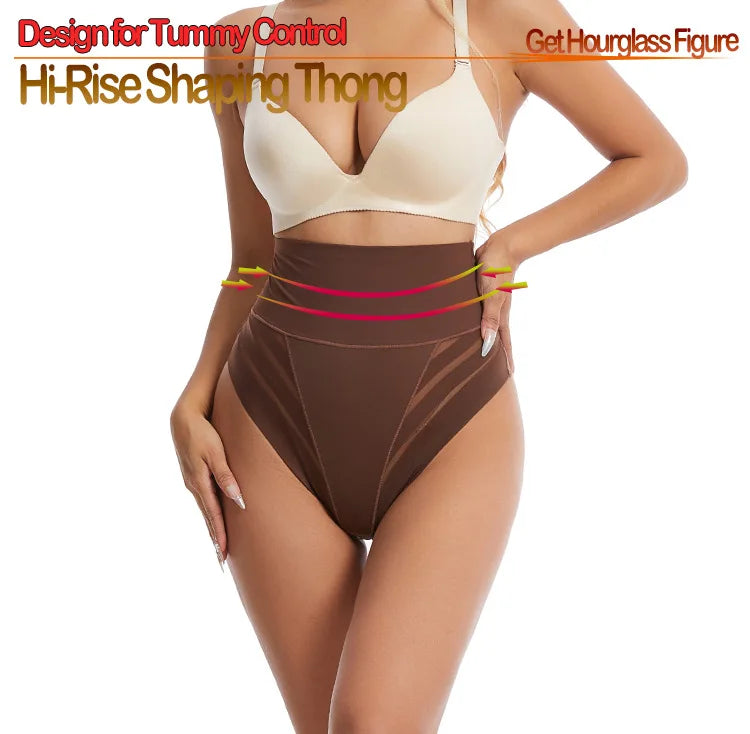 Women's High Waist Thong Style Shapewear Tummy Control Waist Trainer Hip Lift Body Shaping Pants Plus Size Striped Mesh Thong