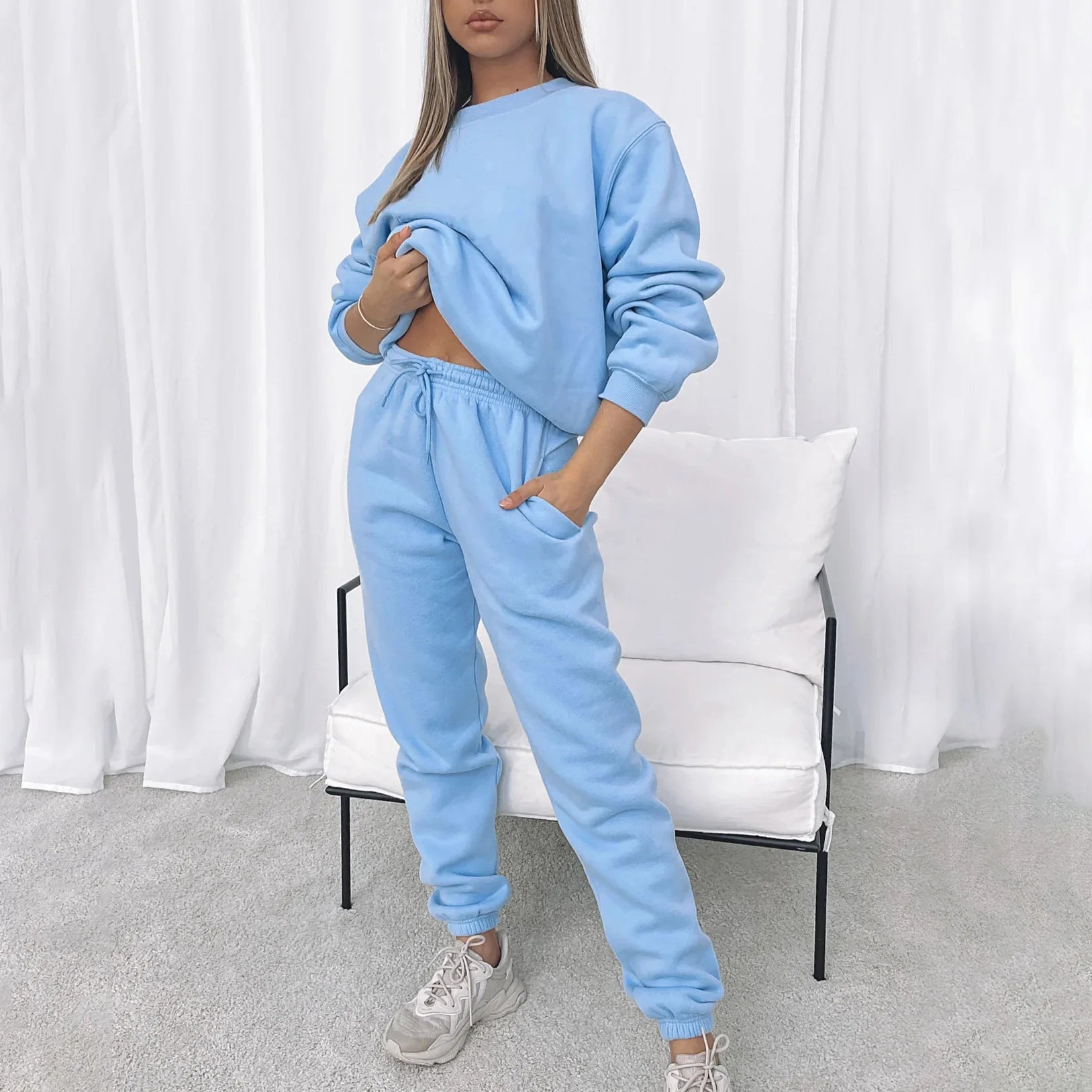Осение Женские Костюмы Women's Winter Warm Suit Round Neck Solid Color Long Sleeve Pullover Sweatshirt Sweatpants Штаны Женские