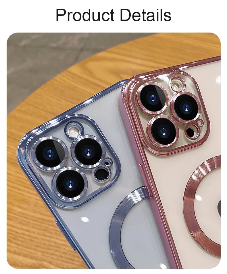 Magnetic Plating Case For iPhone 15 16 14 17 13 12 11 Pro Max Air Camera Lens Protector Glass For Magsafe Wireless Charger Cover