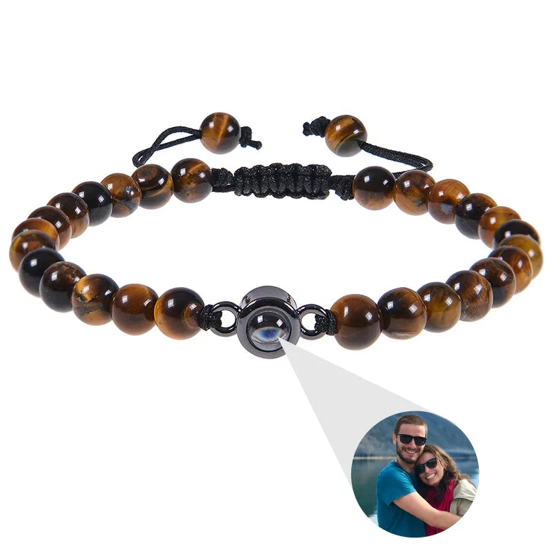 6mm Natrual Stone Custom Photo Projection Bracelet Personalized Beads Bracelets For Women Men Couples Anniversary Jewelry Gift