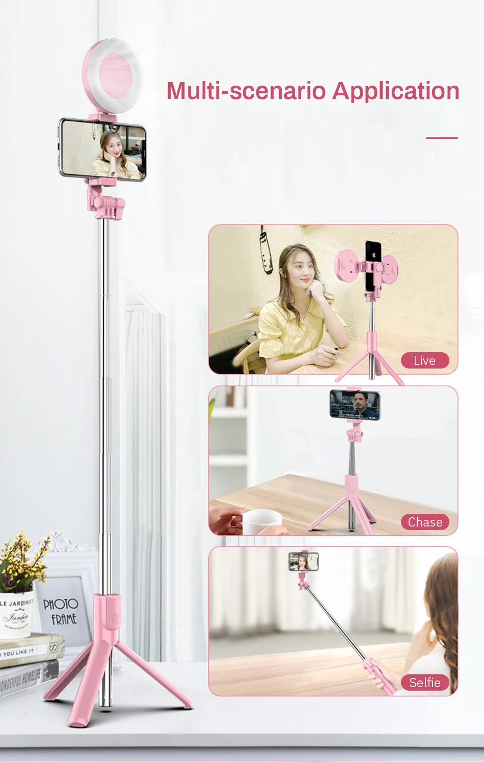 4in1 Wireless bluetooth compatible Selfie Stick LED Ring light Extendable Handheld Monopod Live Tripod for iPhone Android