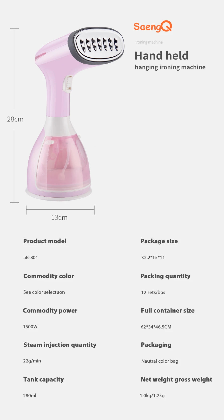 saengQ Handheld Garment Steamer 1500W Household Fabric Steam Iron 280ml Mini Portable Vertical Fast-Heat For Clothes Ironing