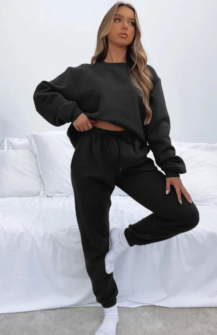 Осение Женские Костюмы Women's Winter Warm Suit Round Neck Solid Color Long Sleeve Pullover Sweatshirt Sweatpants Штаны Женские