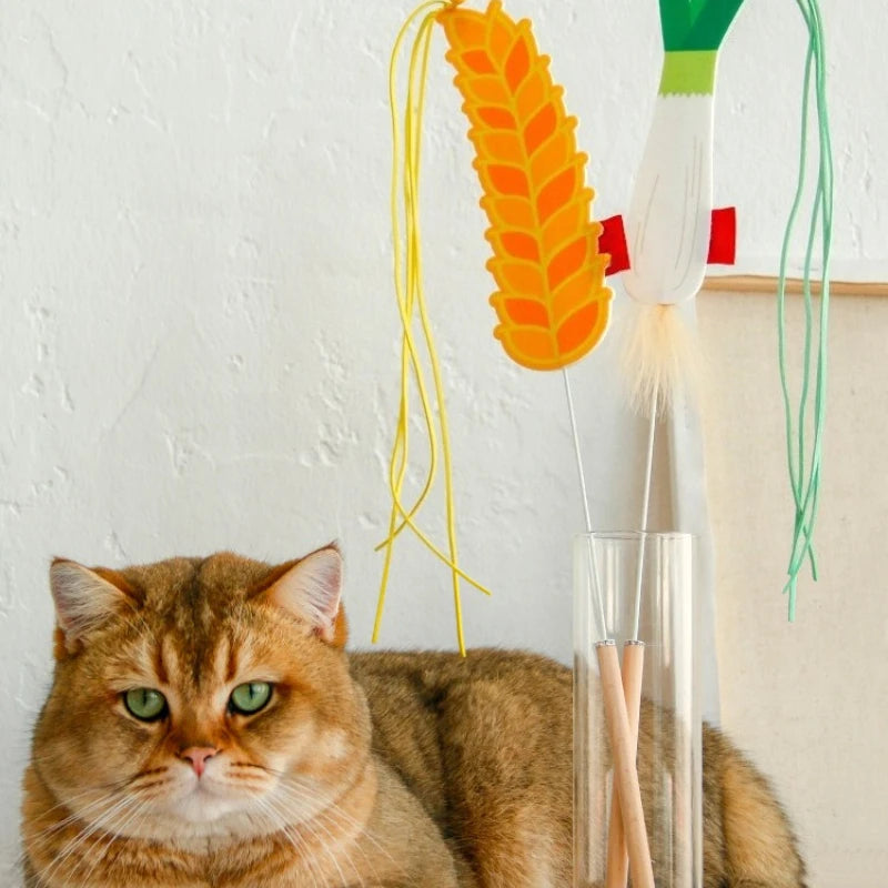 Cat Teaser Toy Felt Squeaky Bell Simulated Barley Scallions Shape Kitten Toy Fringe Interactive Cat Stick Toy Supplies