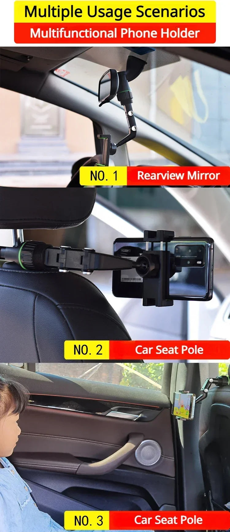 Rearview Mirror Phone Holder for Car - Multifunctional Car Phone Mount, Universal Cellphone Mount for Almost All Cell Phone &Car