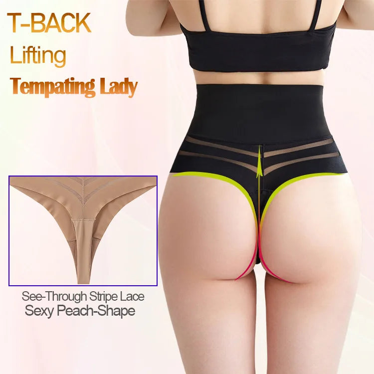 Women's High Waist Thong Style Shapewear Tummy Control Waist Trainer Hip Lift Body Shaping Pants Plus Size Striped Mesh Thong