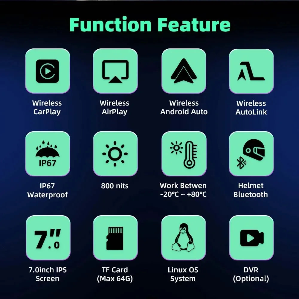Srnubi 7 Inch Motorcycle Portable Navigation GPS Wireless Carplay Android Auto IP67 Waterproof Motorcycle Touch Screen Display