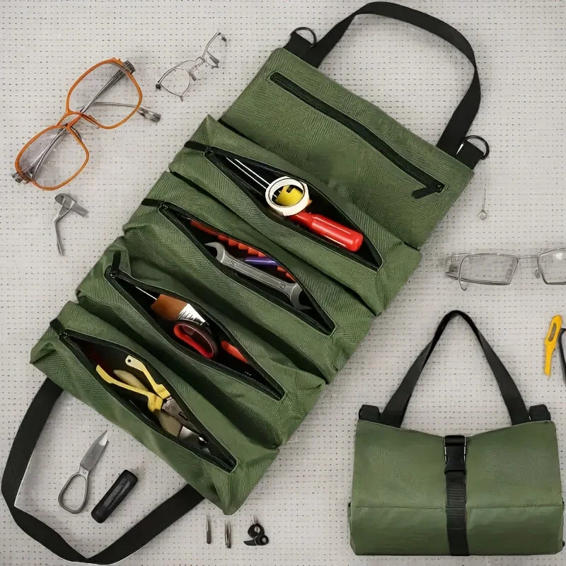 Heavy-Duty Roll-Up Tool Bag - Oxford Fabric Multi-Tool Organizer All-in-One Garage Storage for Mechanics/Electricians/Carpenters