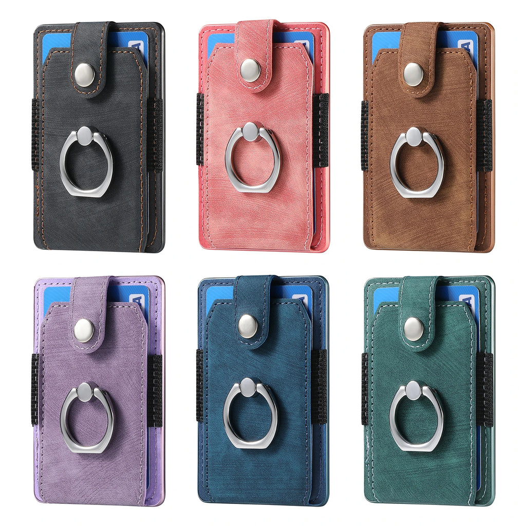 Phone Holder Wallet Case Card Slot Holder PU Leather Back Sticker Adhesives With Ring Stand For Mobile Phone iPhone Samsung