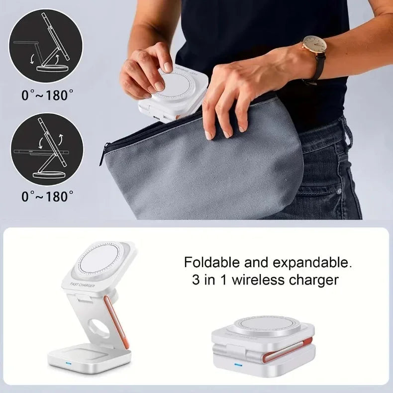 3 in 1 Foldable Magnetic Wireless Charger Stand 100W Fast Charging Station for iPhone 16 15 14 13 12 iWatch 10-2 Airpods Pro Max