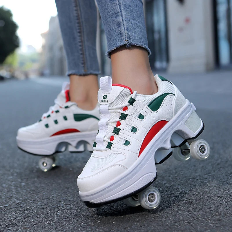 Kid Deform Roller Skate Shoes With 2/4 Wheels Runaway Parkour Deformation 4-Wheel Skates Sneakers For Women Men Youth Adult Gift