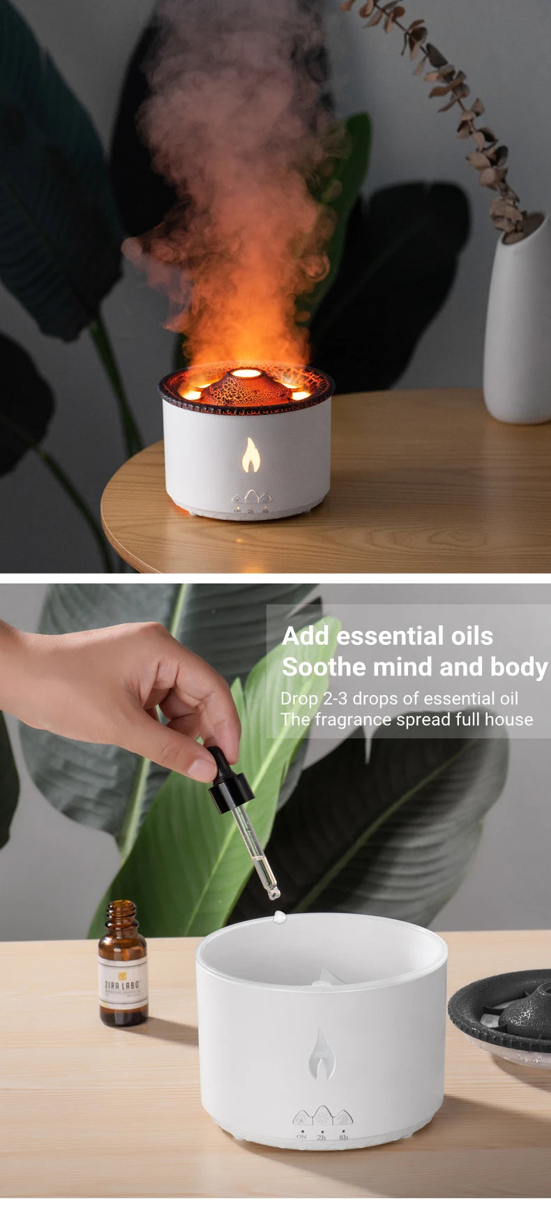 Office Home Desktop Air Humidifier Electric Aroma Essential Oil Diffuser with Flame Lamp Volcano Eruption Fragrance Machine
