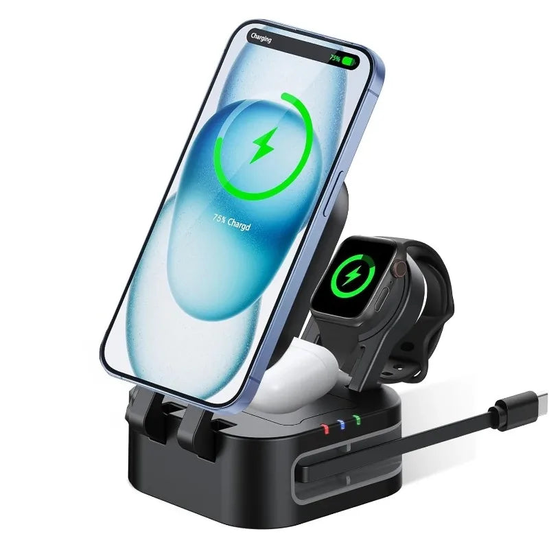 Magnetic 3 in 1 Wireless Charger Station With Extension Cords for iPhone 17 16 15 14 13 12 iWatch 11-2 Airpods Pro Fast Charging