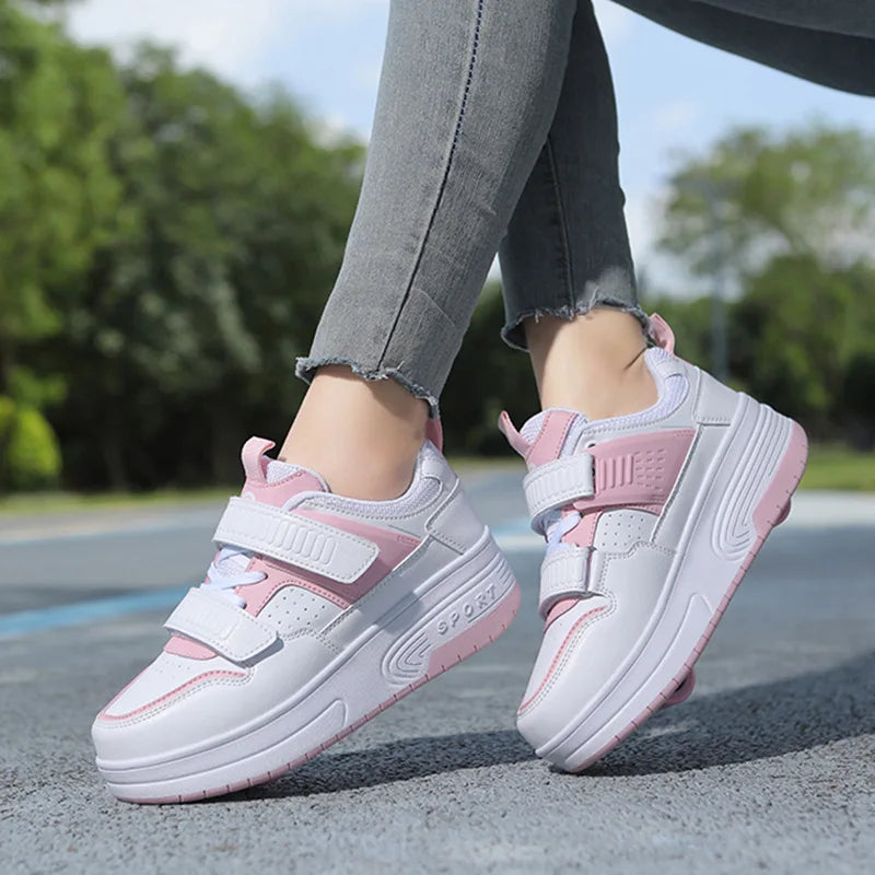 Kid Deform Roller Skate Shoes With 2/4 Wheels Runaway Parkour Deformation 4-Wheel Skates Sneakers For Women Men Youth Adult Gift