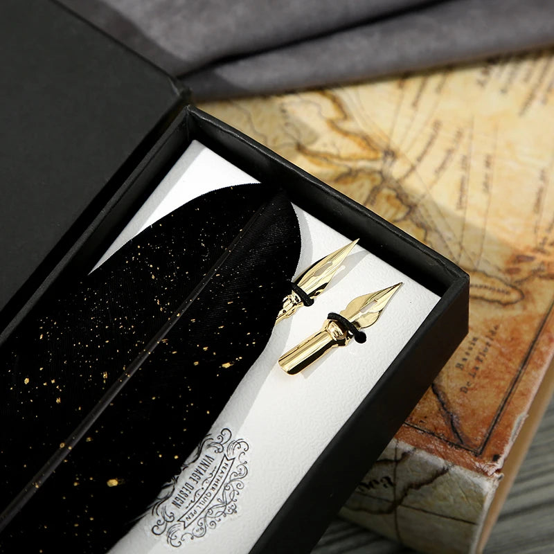 1 Set Retro Calligraphy Feather Dip Pen with 2 Nib Set Quill Fountain Writing Creative Vintage Stationery Gift Box no ink