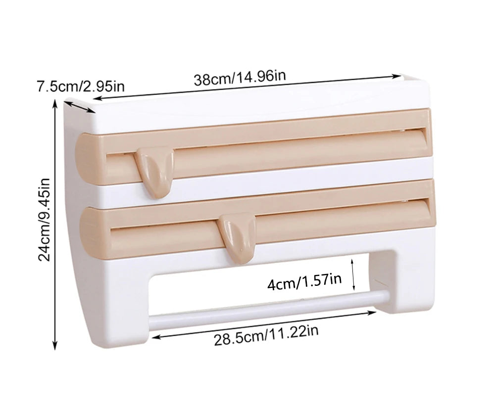 Large Food Cling Film Dispenser 4 In 1 Wall-Mounted Plastic Wrap Cutter Aluminium Foil Dispenser Kitchen Accessories Organizer