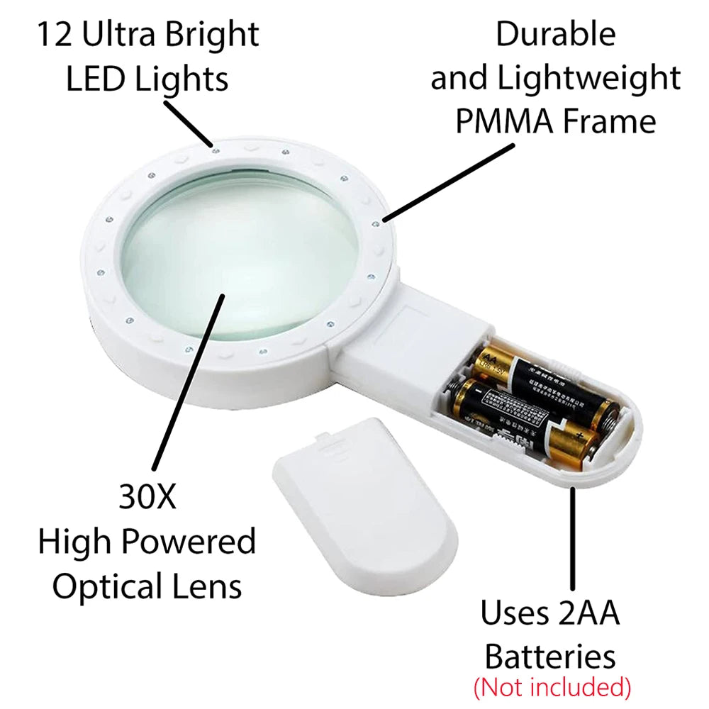 Handheld 30x Magnifying Glass 12 LED Lights Jewelry Illuminated Double Glass Lens Magnifier For Seniors Reading Watch Repair