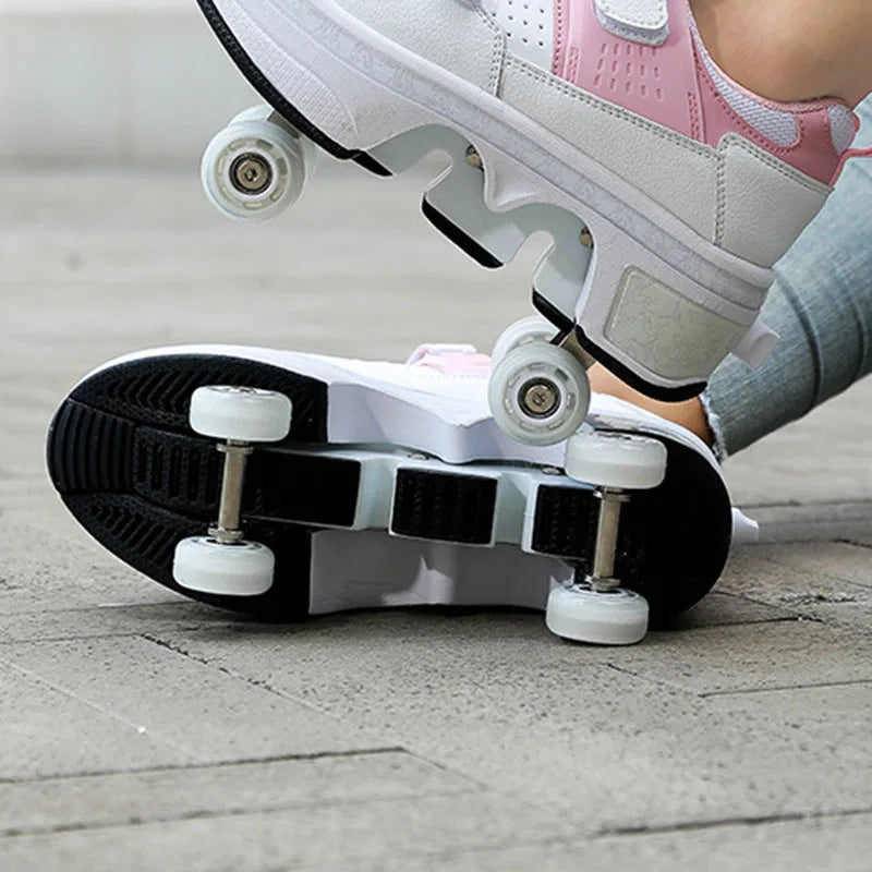 Kid Deform Roller Skate Shoes With 2/4 Wheels Runaway Parkour Deformation 4-Wheel Skates Sneakers For Women Men Youth Adult Gift