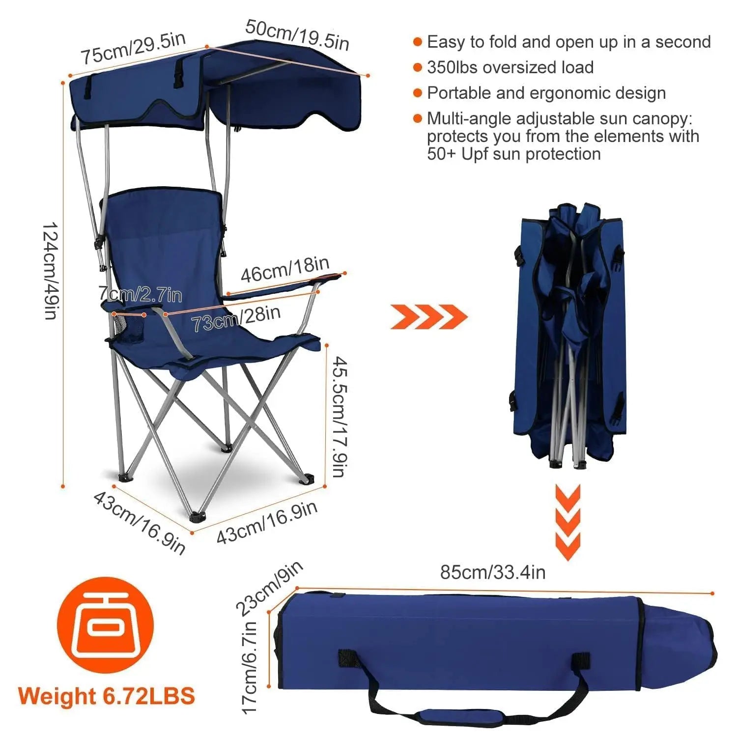 Camping Chair with Canopy, Outdoor Folding Lounge Chair with Adjustable UPF 50+ Sun Shade & Cup Holder, Portable Camping Recline