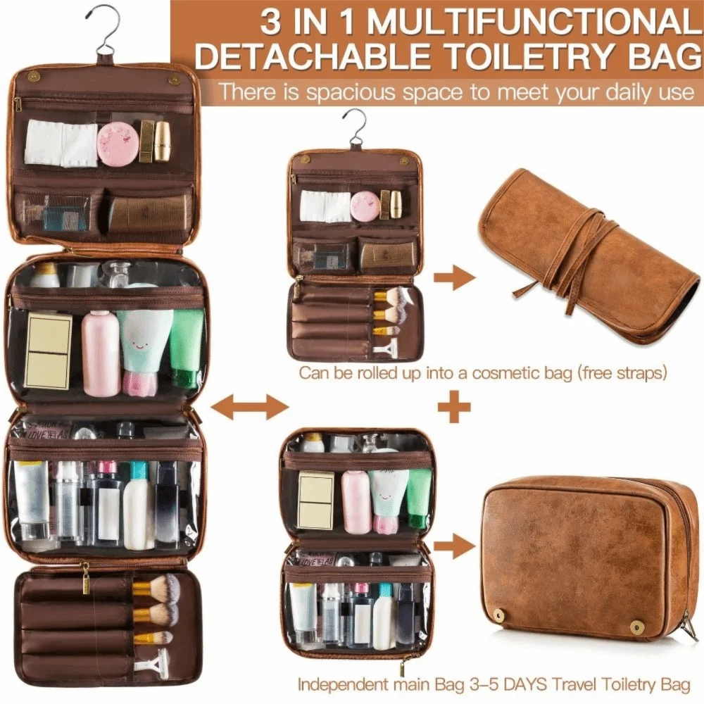 Multi-Pocket Makeup Bag Large Size Waterproof Design Hanging Toiletry Bag PU Leather 3-in-1 Dopp Kit Business Trip