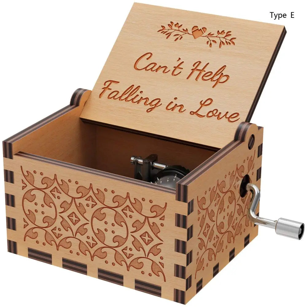 Vintage Engraving Wooden Music Box Hand-cranked Music Box Can't Help Falling in Love Music Box Wife Birthday Valentines Day Gift