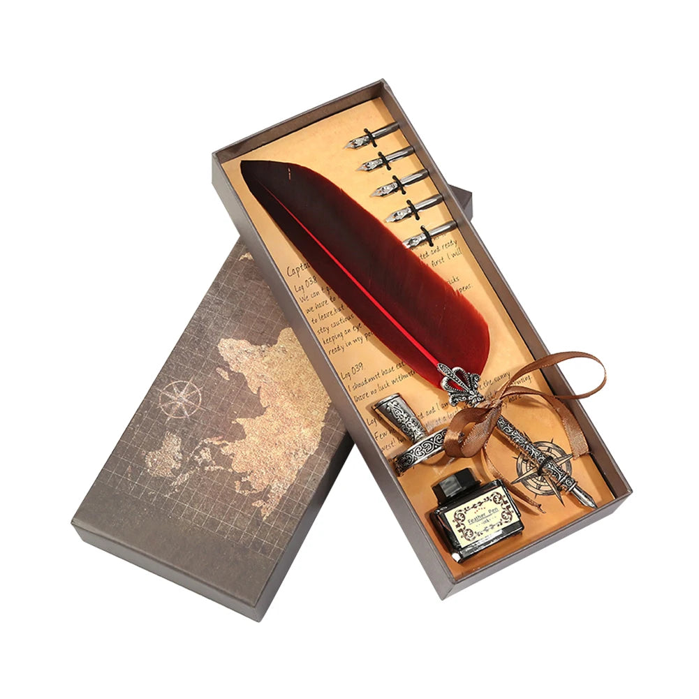 1 Set Retro Calligraphy Feather Dip Pen with 2 Nib Set Quill Fountain Writing Creative Vintage Stationery Gift Box no ink