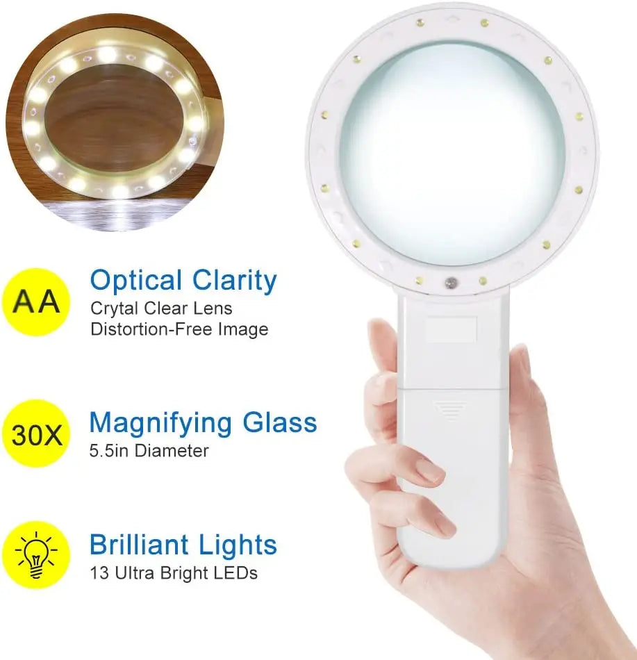 Handheld 30x Magnifying Glass 12 LED Lights Jewelry Illuminated Double Glass Lens Magnifier For Seniors Reading Watch Repair