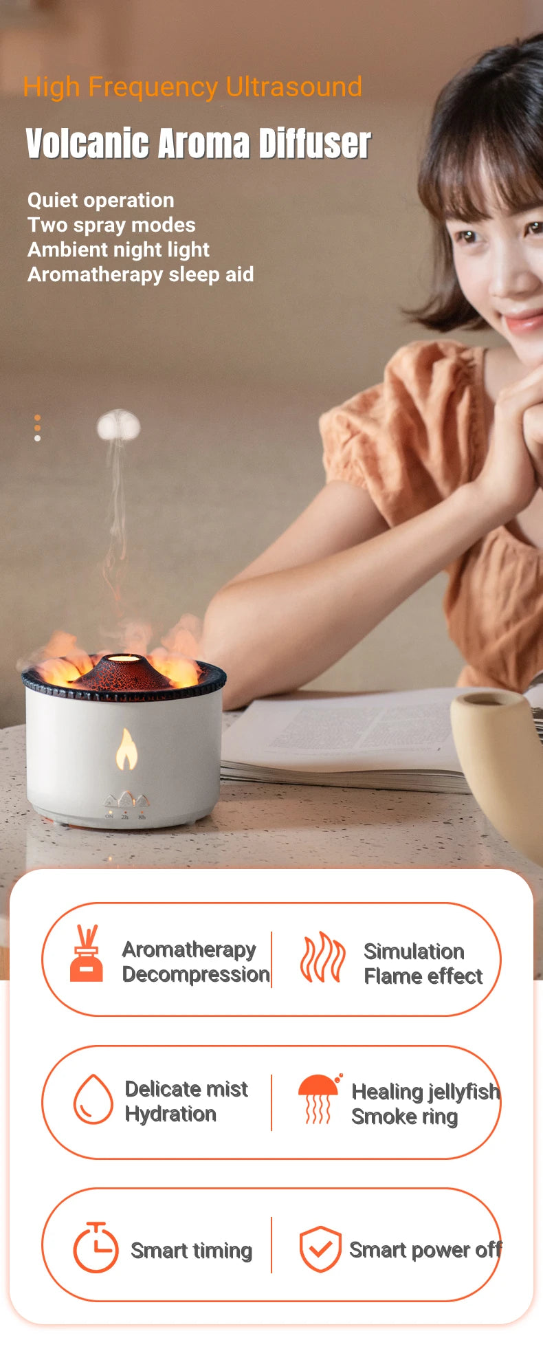 Office Home Desktop Air Humidifier Electric Aroma Essential Oil Diffuser with Flame Lamp Volcano Eruption Fragrance Machine