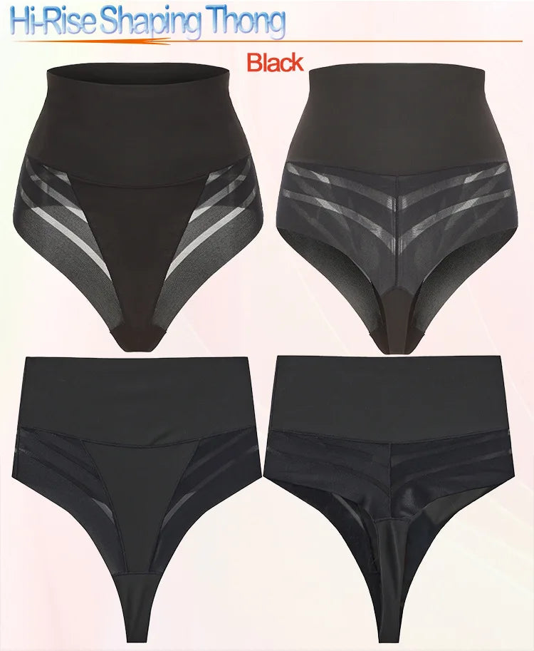 Women's High Waist Thong Style Shapewear Tummy Control Waist Trainer Hip Lift Body Shaping Pants Plus Size Striped Mesh Thong