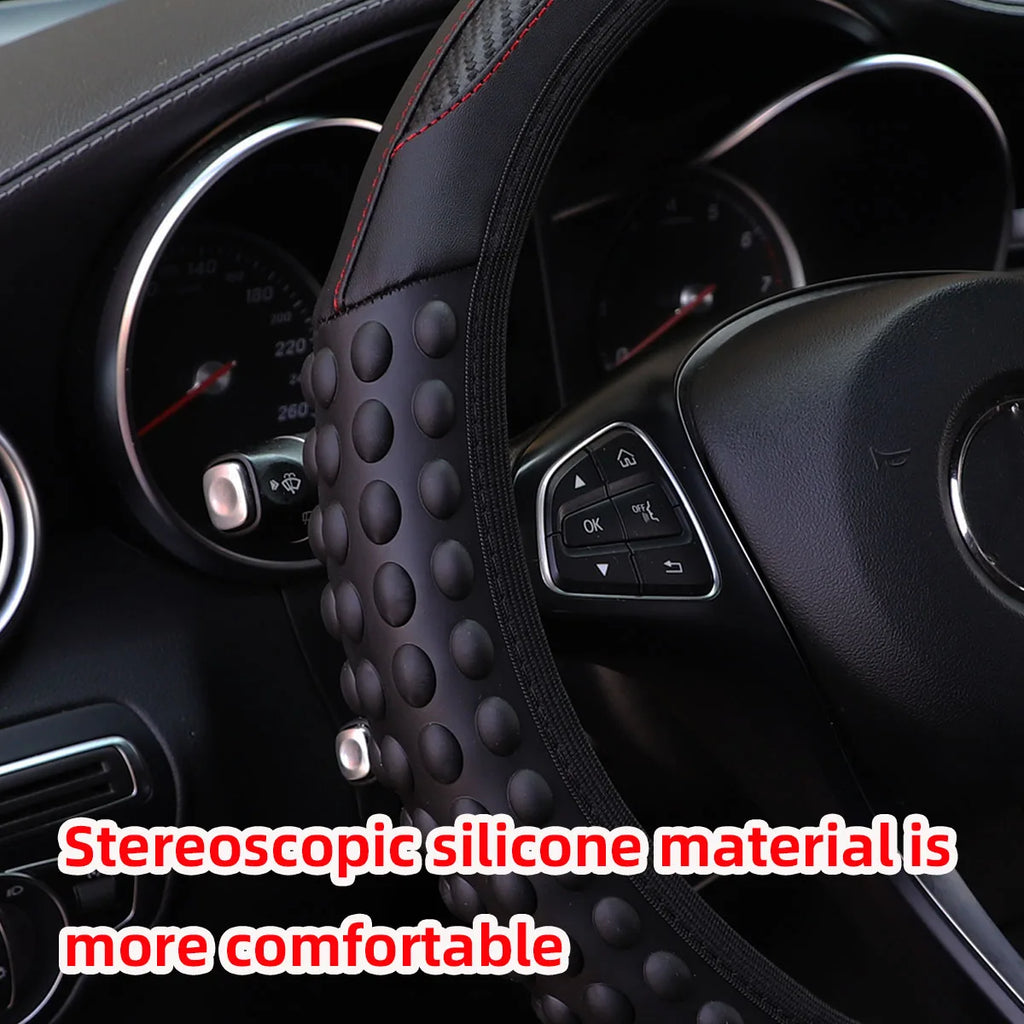 Automotive Products Carbon Tiny Silicone Massage Pellet Leather Steering Wheel Cover without Inner Ring Fits 14.5-15 Inches