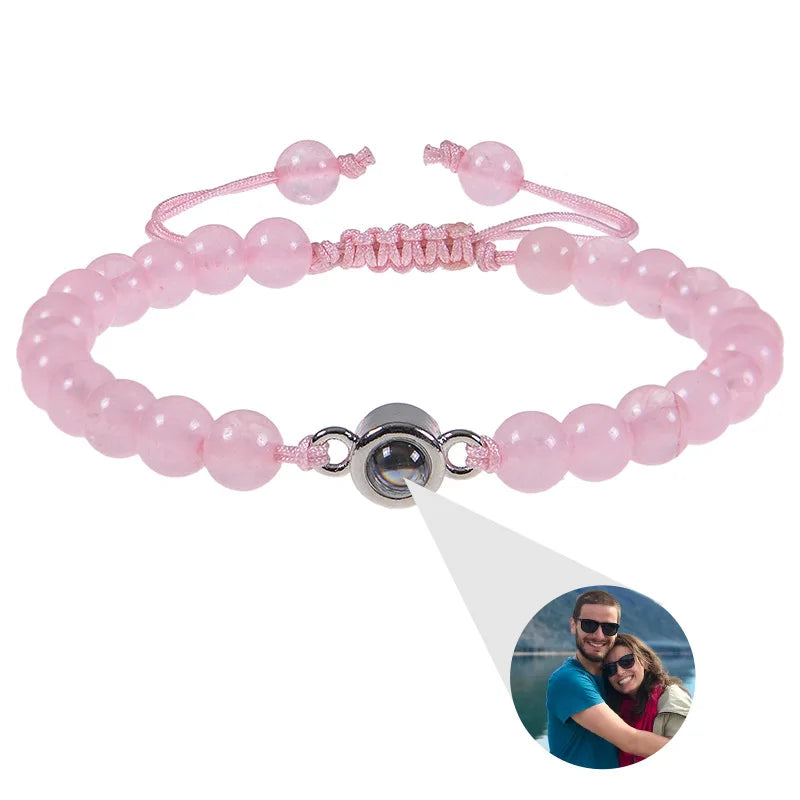 6mm Natrual Stone Custom Photo Projection Bracelet Personalized Beads Bracelets For Women Men Couples Anniversary Jewelry Gift