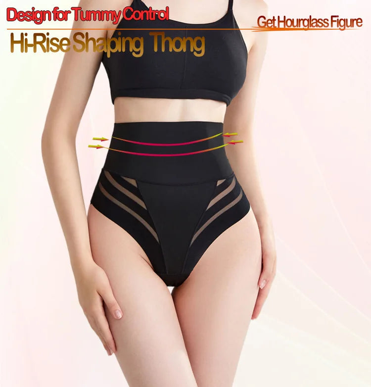 Women's High Waist Thong Style Shapewear Tummy Control Waist Trainer Hip Lift Body Shaping Pants Plus Size Striped Mesh Thong