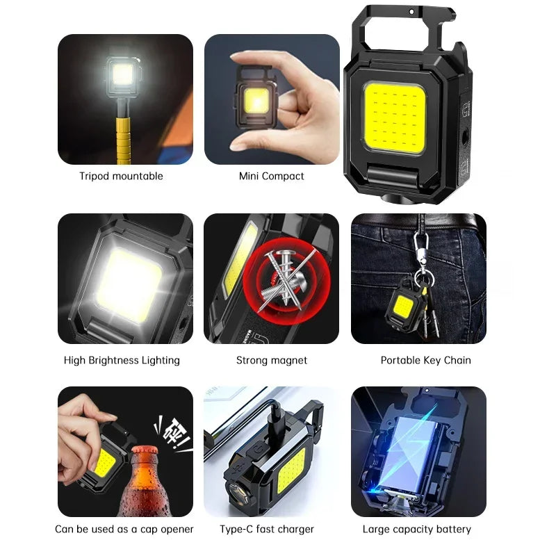 Bright COB Keychain Flashlight,Rechargeable Mini Work Light Magnetic Portable Pocket Lamp for Camping Fishing Hiking Emergency